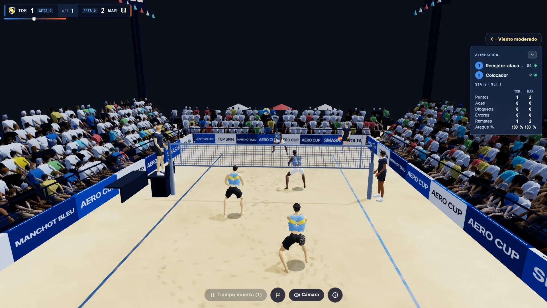 Jugada durante un partido de vóley playa