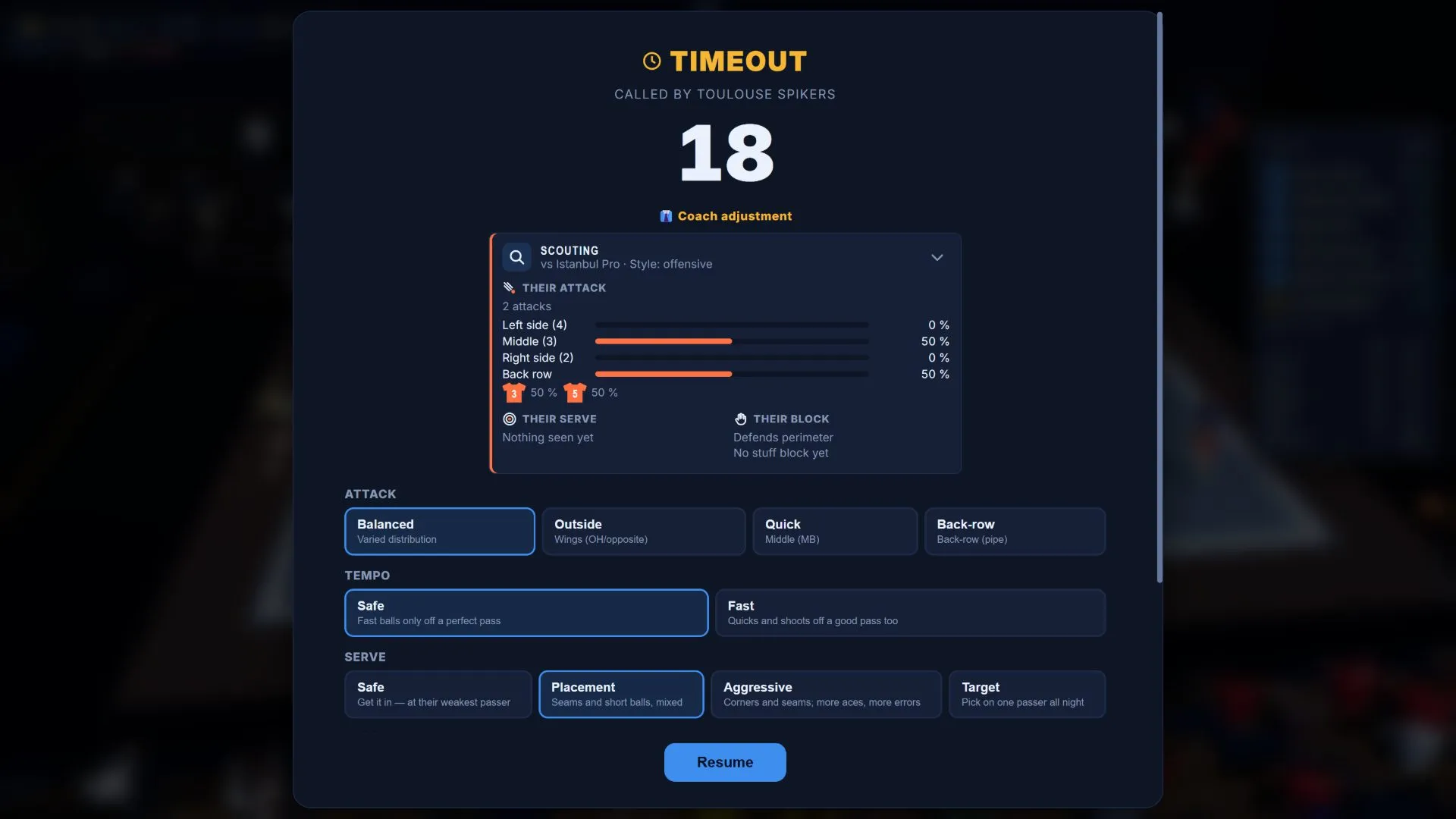 Time-out screen: choosing the attack distribution and the defensive shape