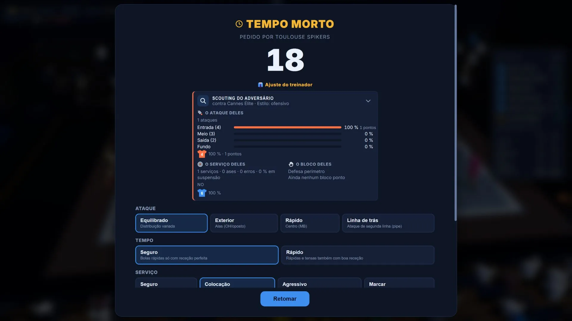 Tela do pedido de tempo: distribuição do ataque e sistema defensivo