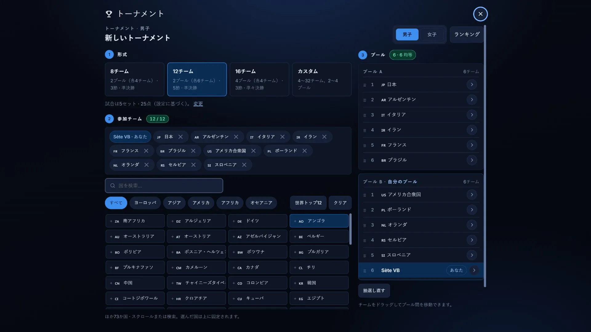 トーナメント作成：形式、参加チーム、グループ